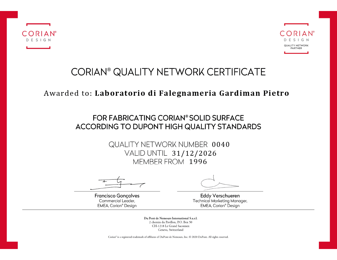 corian certificate